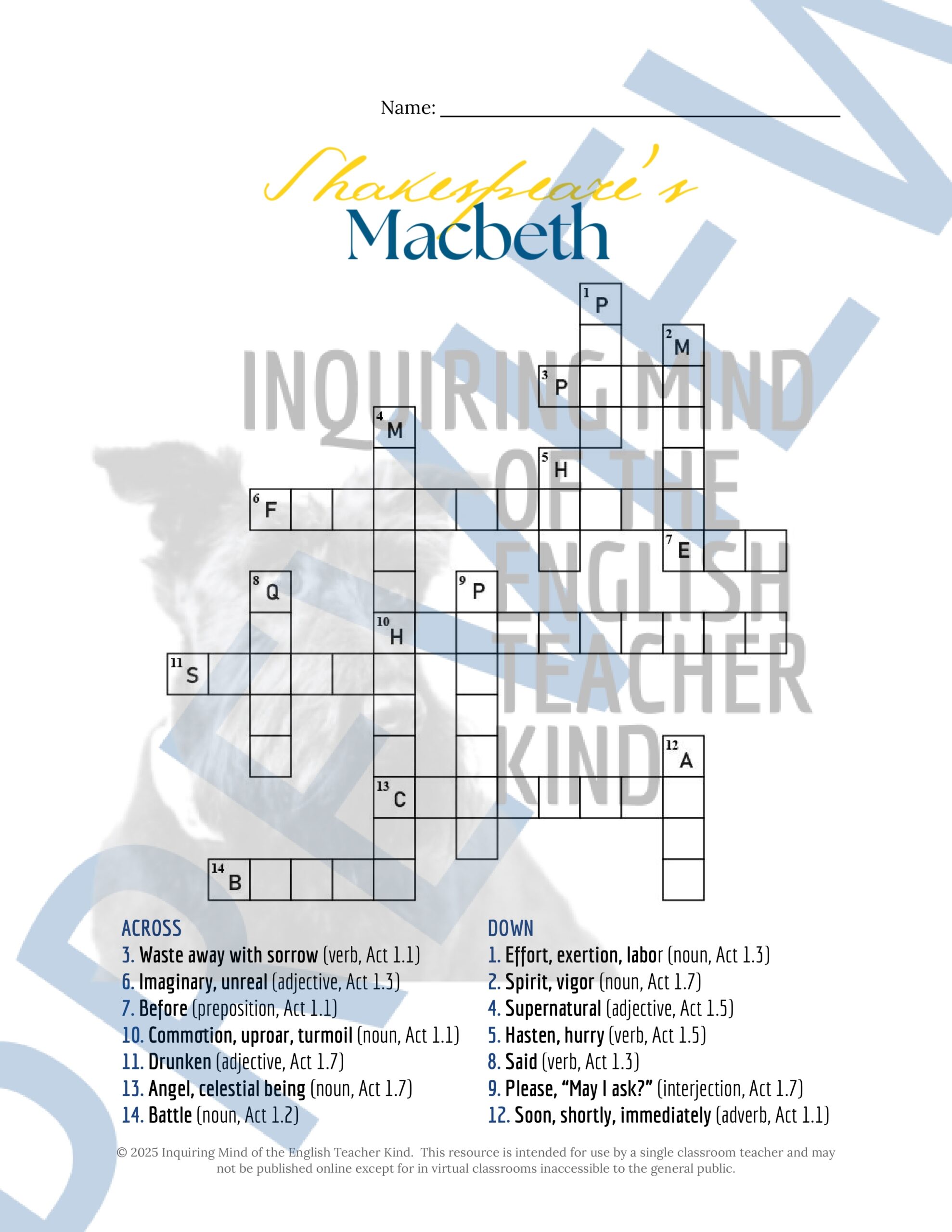 Shakespeare s Macbeth Act 1 Vocabulary Games For High School 