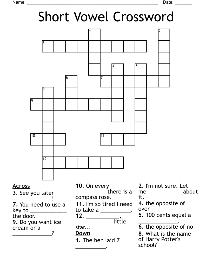 Short Vowel Crossword WordMint