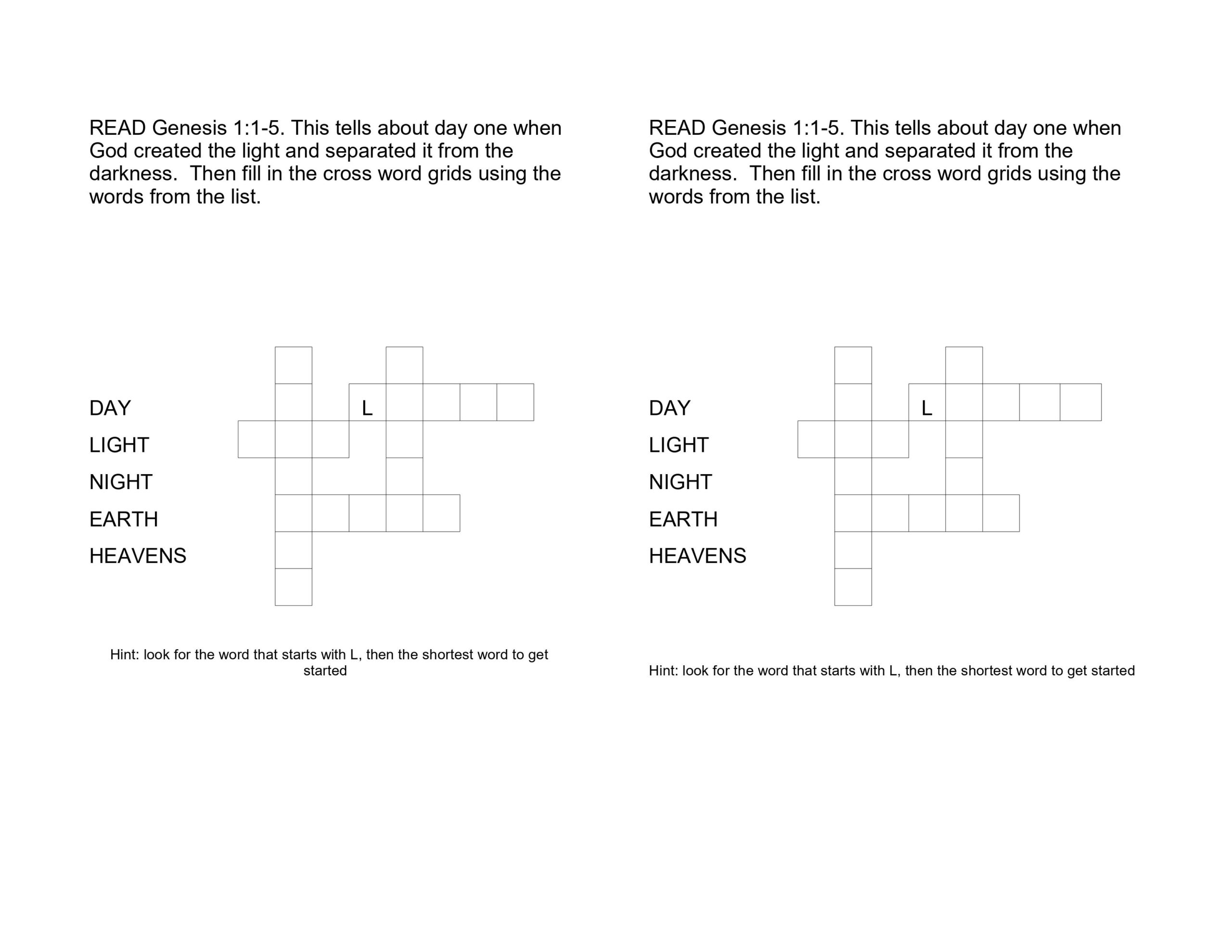 Simple Crossword Activity Sheets About The Creation Story Ministry To Children