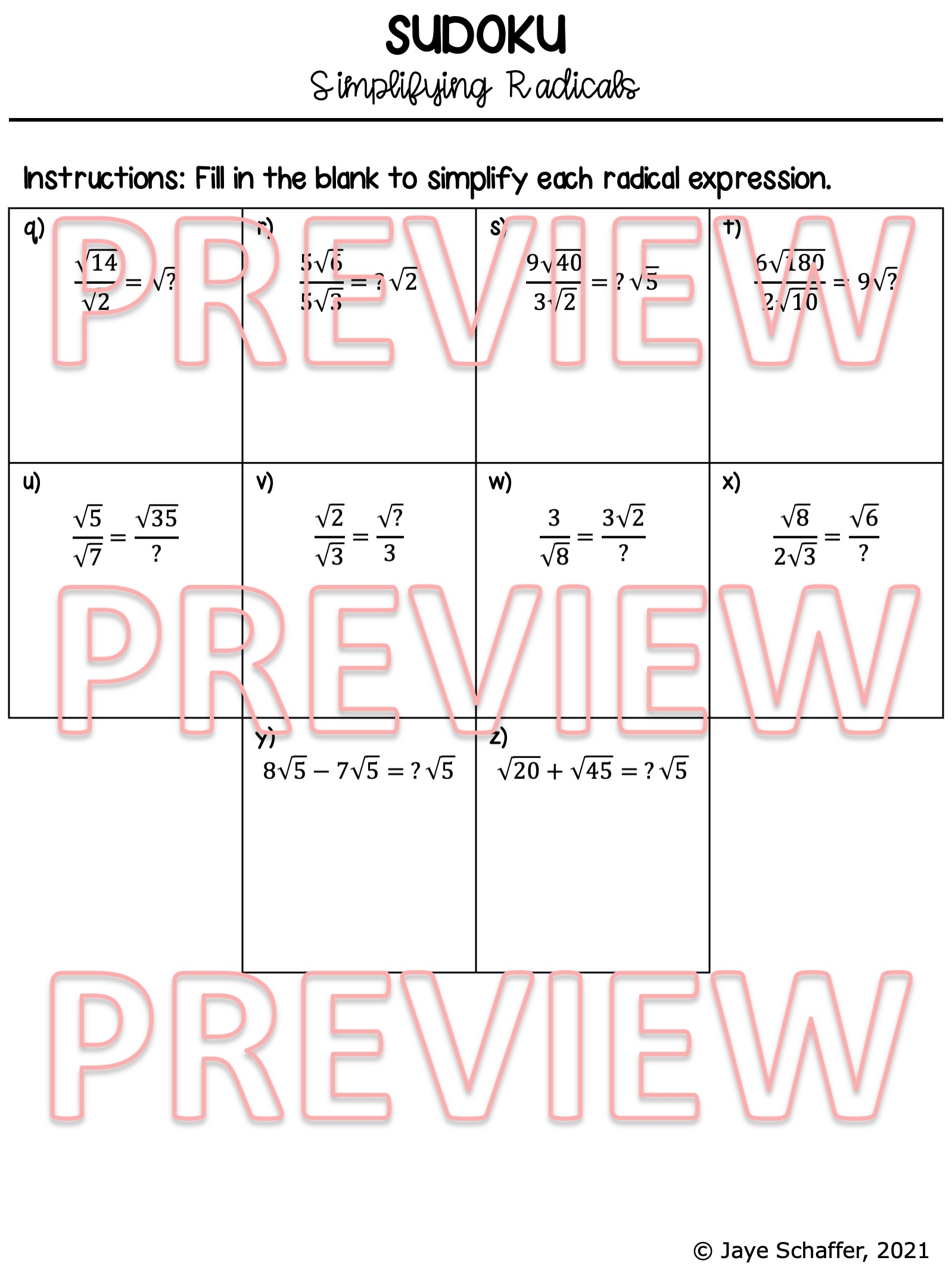 Simplifying Radicals And Radical Operations Sudoku Puzzle Made By Teachers Simplifying Radicals And Radical Operations Sudoku Puzzle Made By Teachers
