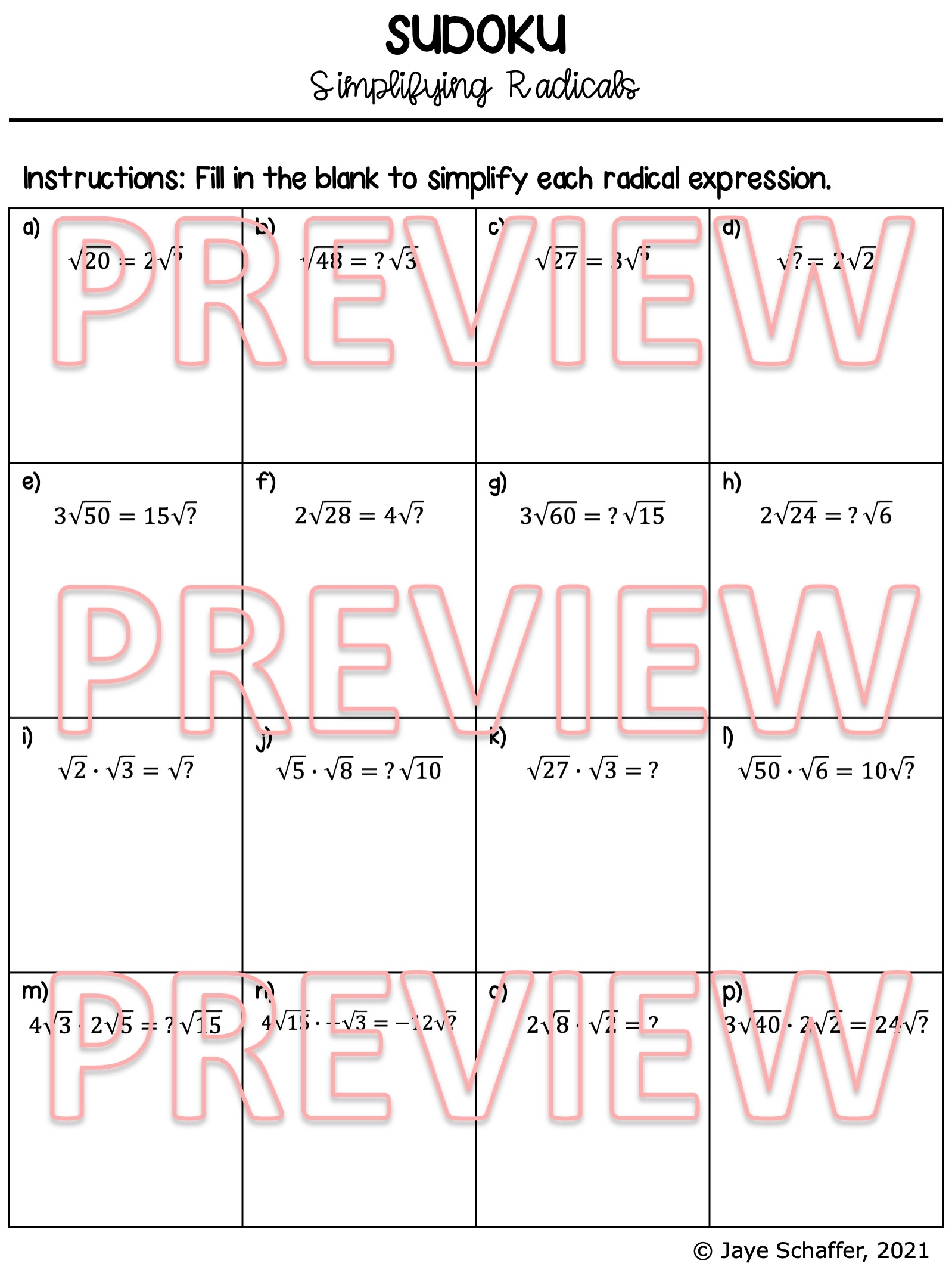 Simplifying Radicals And Radical Operations Sudoku Puzzle Made By Teachers Simplifying Radicals And Radical Operations Sudoku Puzzle Made By Teachers