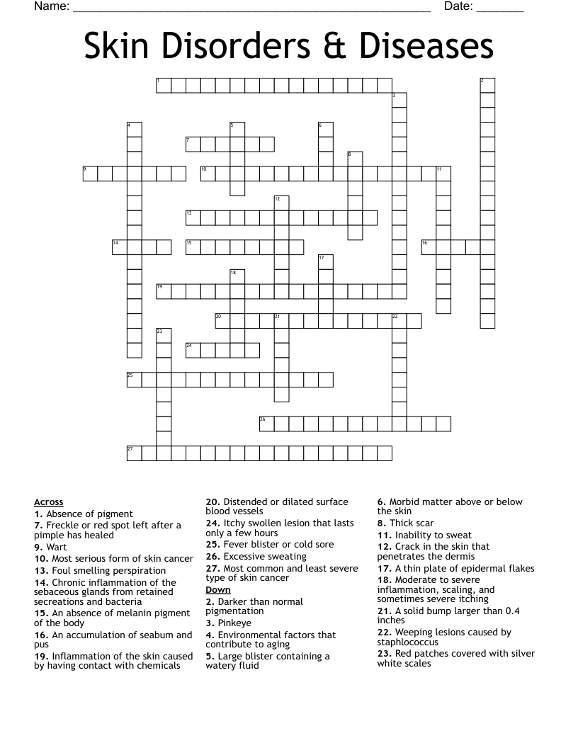 Skin Disorders U0026 Diseases Crossword WordMint Skin Disorders U0026 Diseases Crossword WordMint