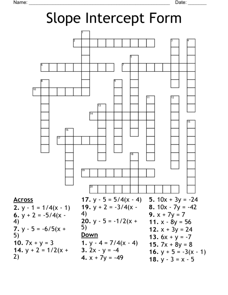 Slope Intercept Form Crossword WordMint