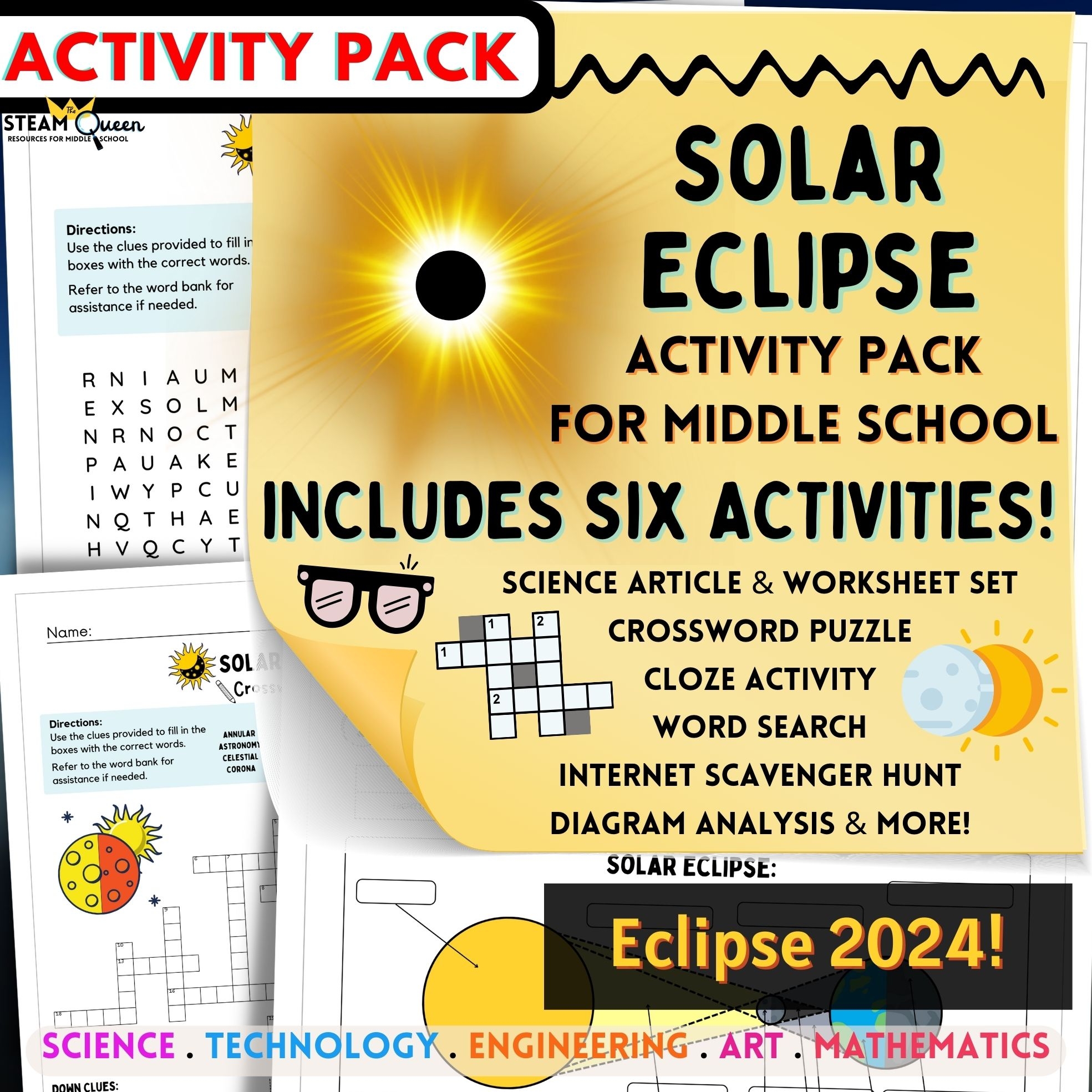 Solar Eclipse 2024 SIX Activities Crossword Article Set Scavenger Hunt Games For Middle School Made By Teachers