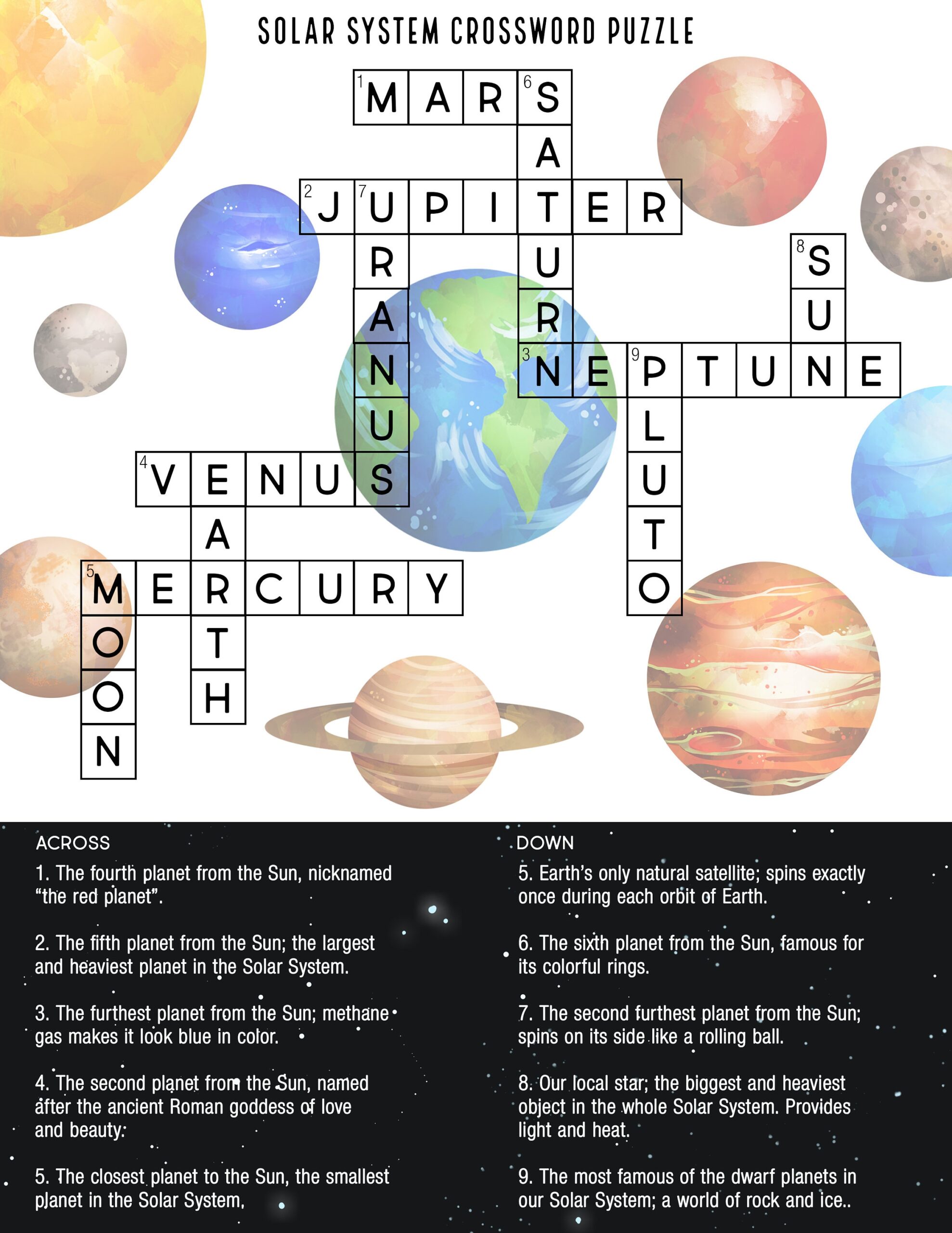 Solar System Crossword Puzzle Educational Printable Digital Print INSTANT DOWNLOAD