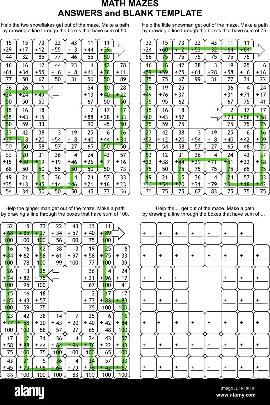 Solutions Or Answers For Previous 3 Math Mazes Plus Blank Template Can Be Used Also As Templates For New Puzzle Worksheets Stock Vector Image U0026 Art Alamy