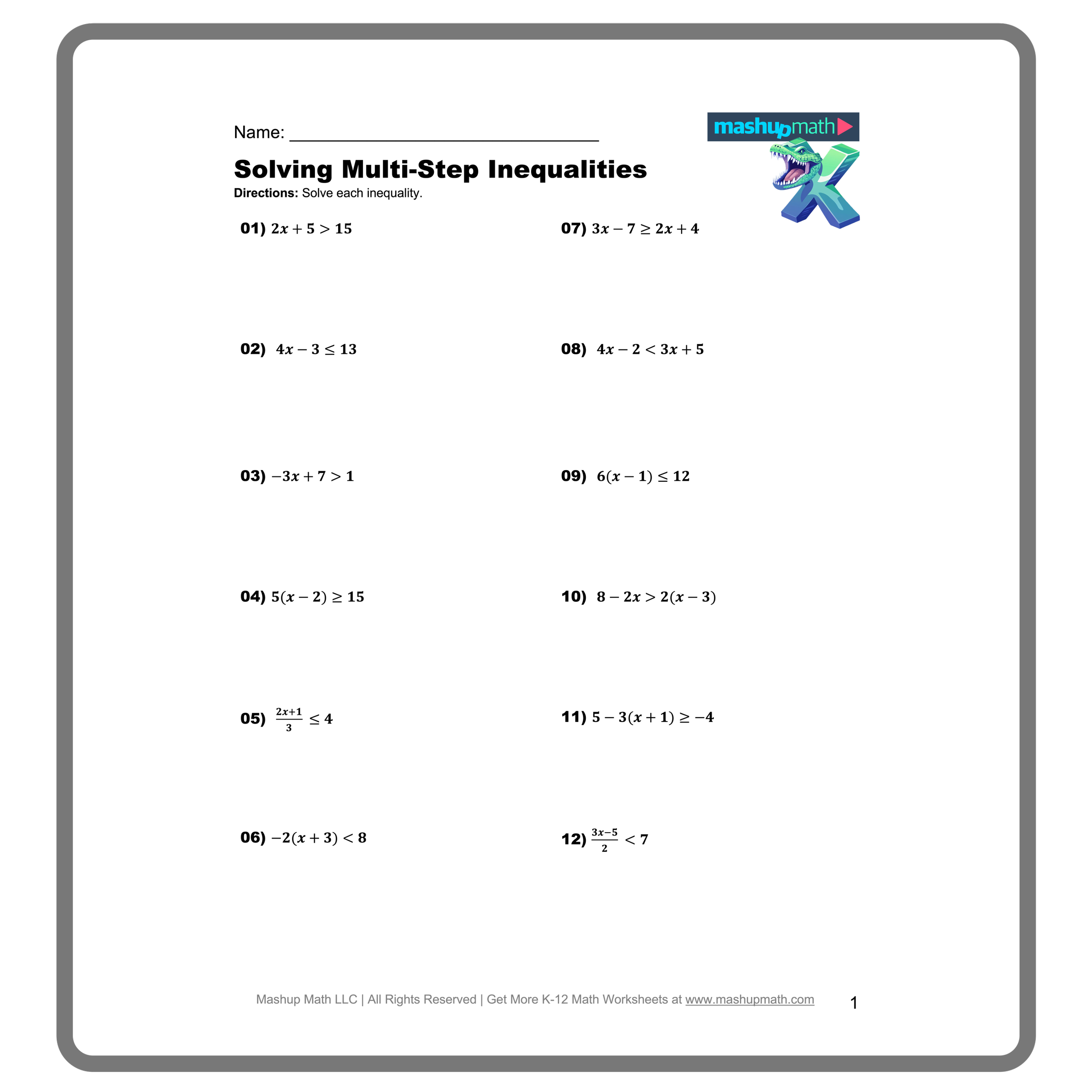 Solving Inequalities Puzzle Worksheet Pdf