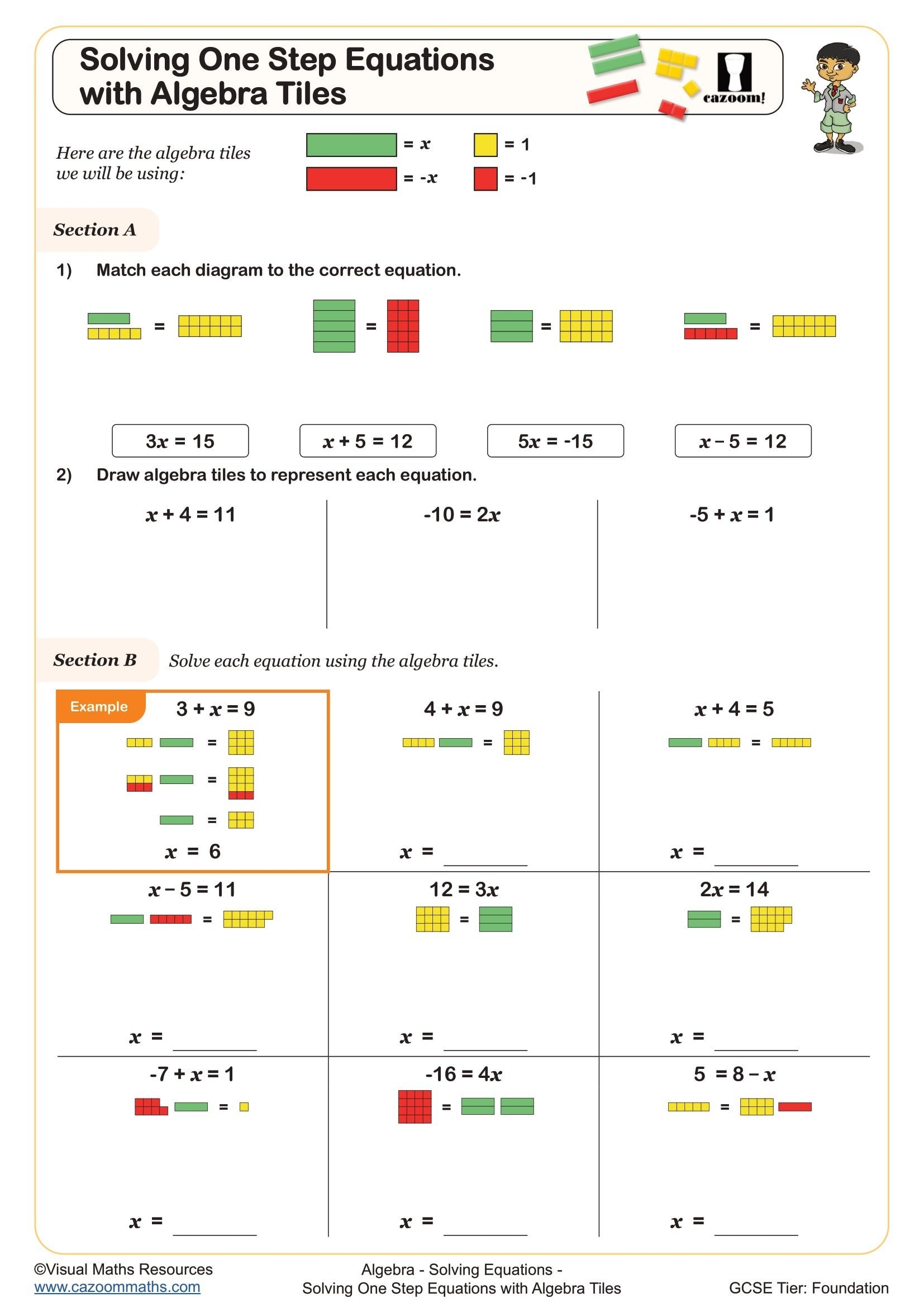Solving One Step Equations With Algebra Tiles Worksheet Fun And Engaging Year 7 And Year 8 Algebra Worksheet Solving One Step Equations With Algebra Tiles Worksheet Fun And Engaging Year 7 And Year 8 Algebra Worksheet