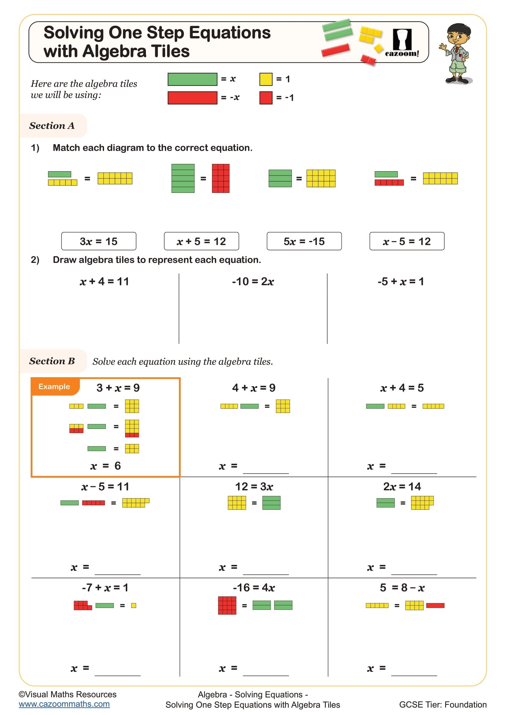 Solving One Step Equations With Algebra Tiles Worksheet Fun And Engaging Year 7 And Year 8 Algebra Worksheet Solving One Step Equations With Algebra Tiles Worksheet Fun And Engaging Year 7 And Year 8 Algebra Worksheet