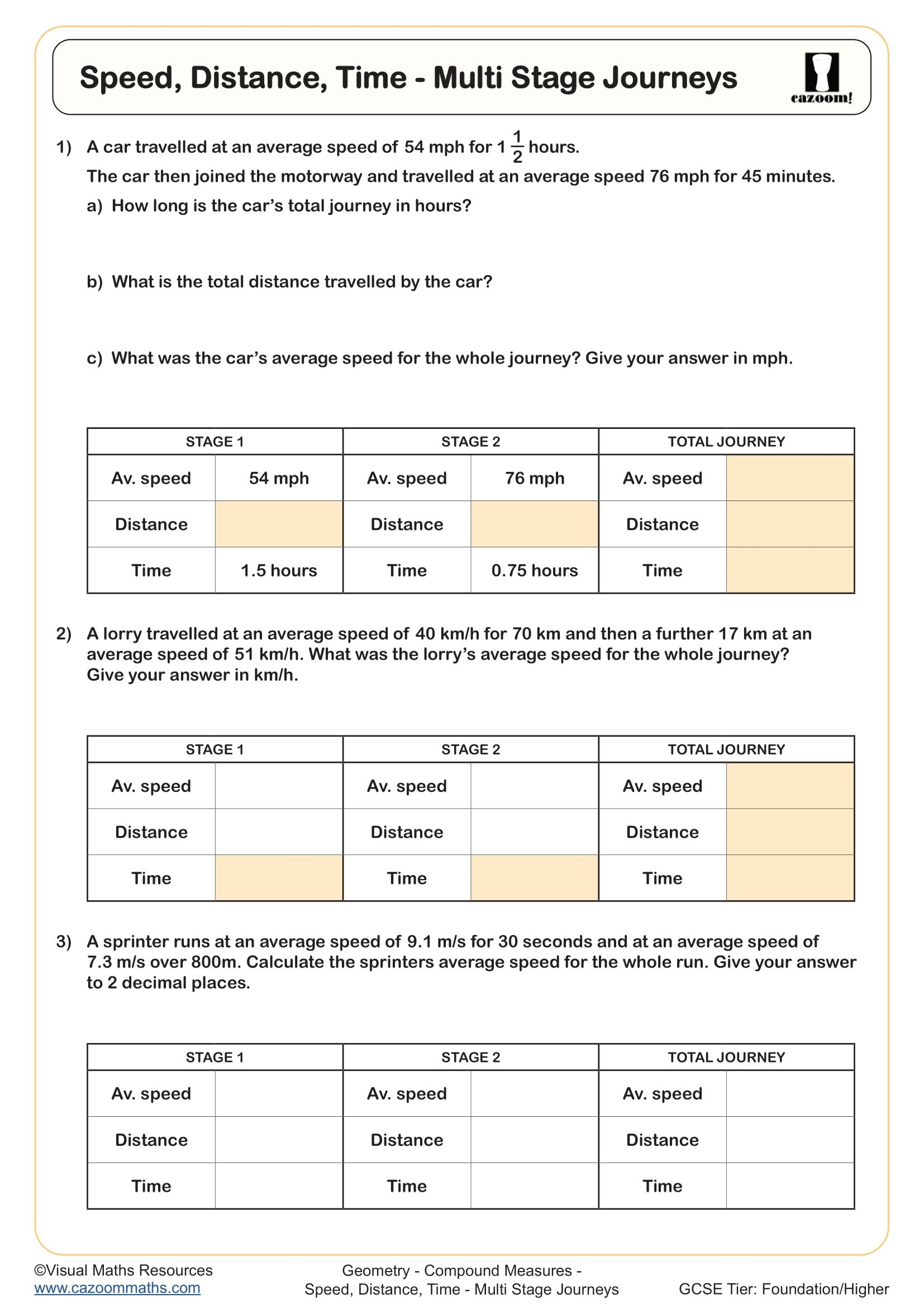 Speed Distance Time Multi Stage Journeys Worksheet Printable PDF Year 9 Year 10 And Year 11 Geometry Worksheet