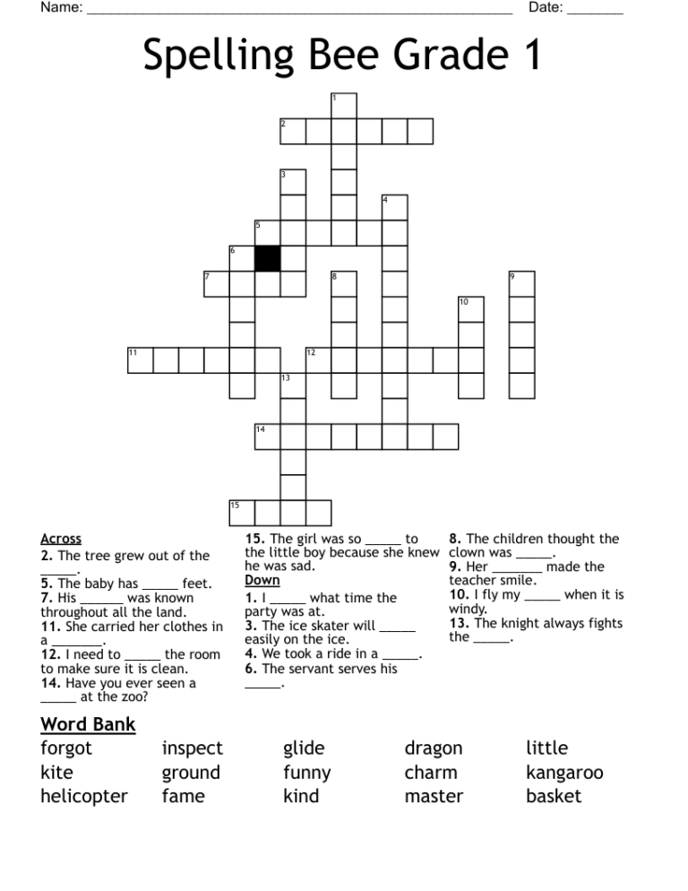 Spelling Bee Grade 1 Crossword WordMint
