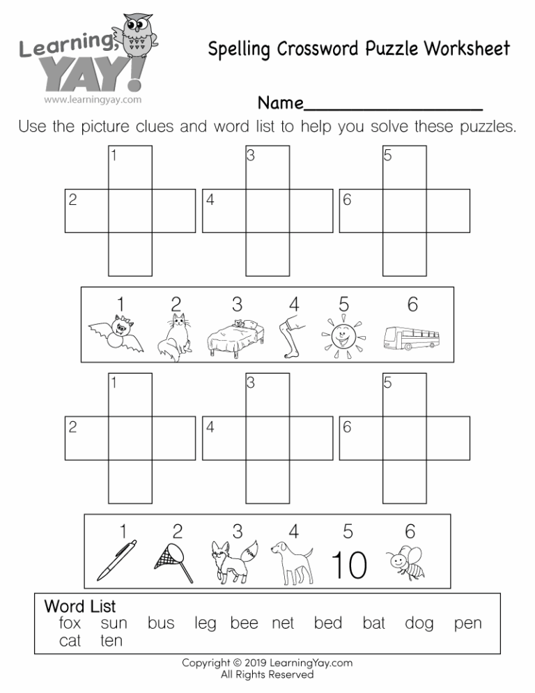 Spelling Crossword Puzzle Worksheet For 1st Grade Free Printable