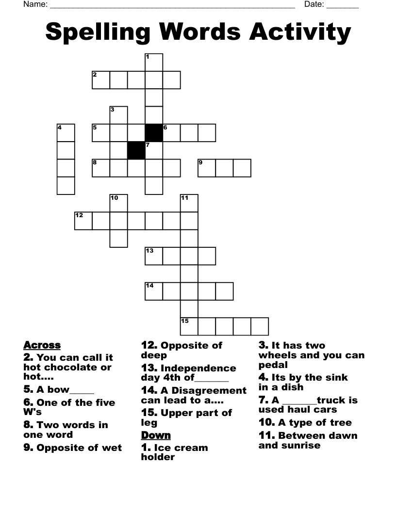 Spelling Words Activity Crossword WordMint