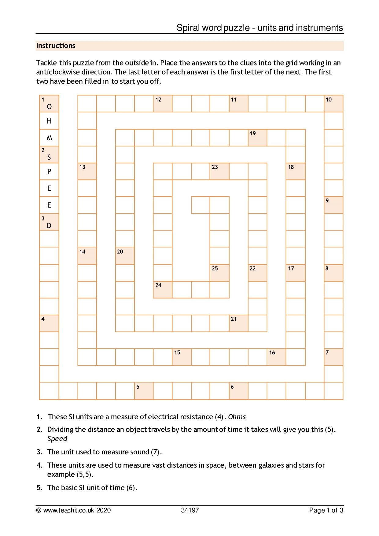 Spiral Word Puzzle With Answers Units And Instruments KS3 Science Teachit Science