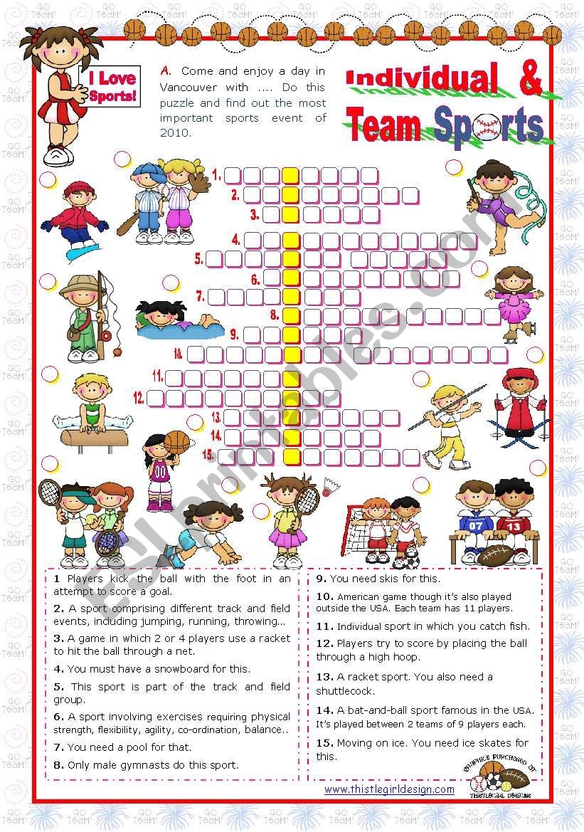 Sports Set 4 Individual And Team Sports Crossword Puzzle ESL Sports Set 4 Individual And Team Sports Crossword Puzzle ESL