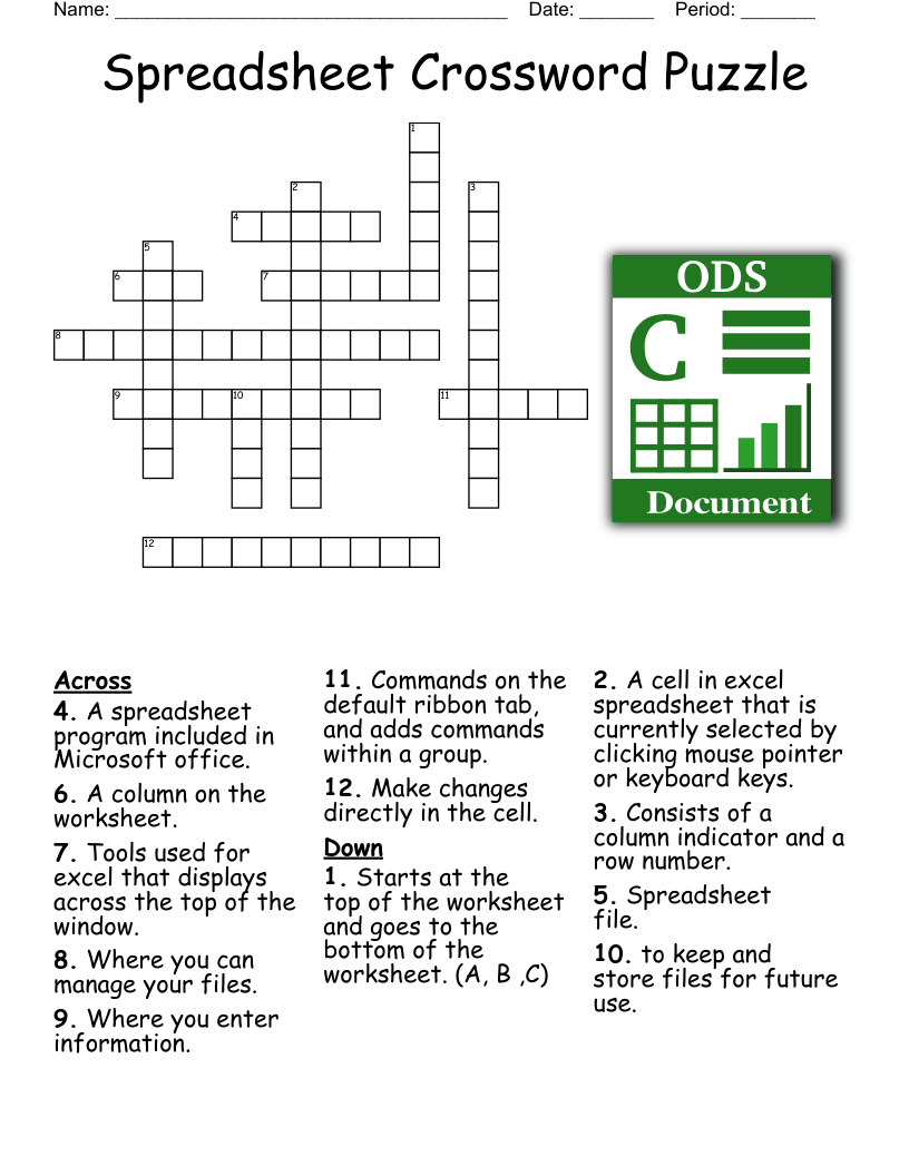 Spreadsheet Crossword Puzzle WordMint