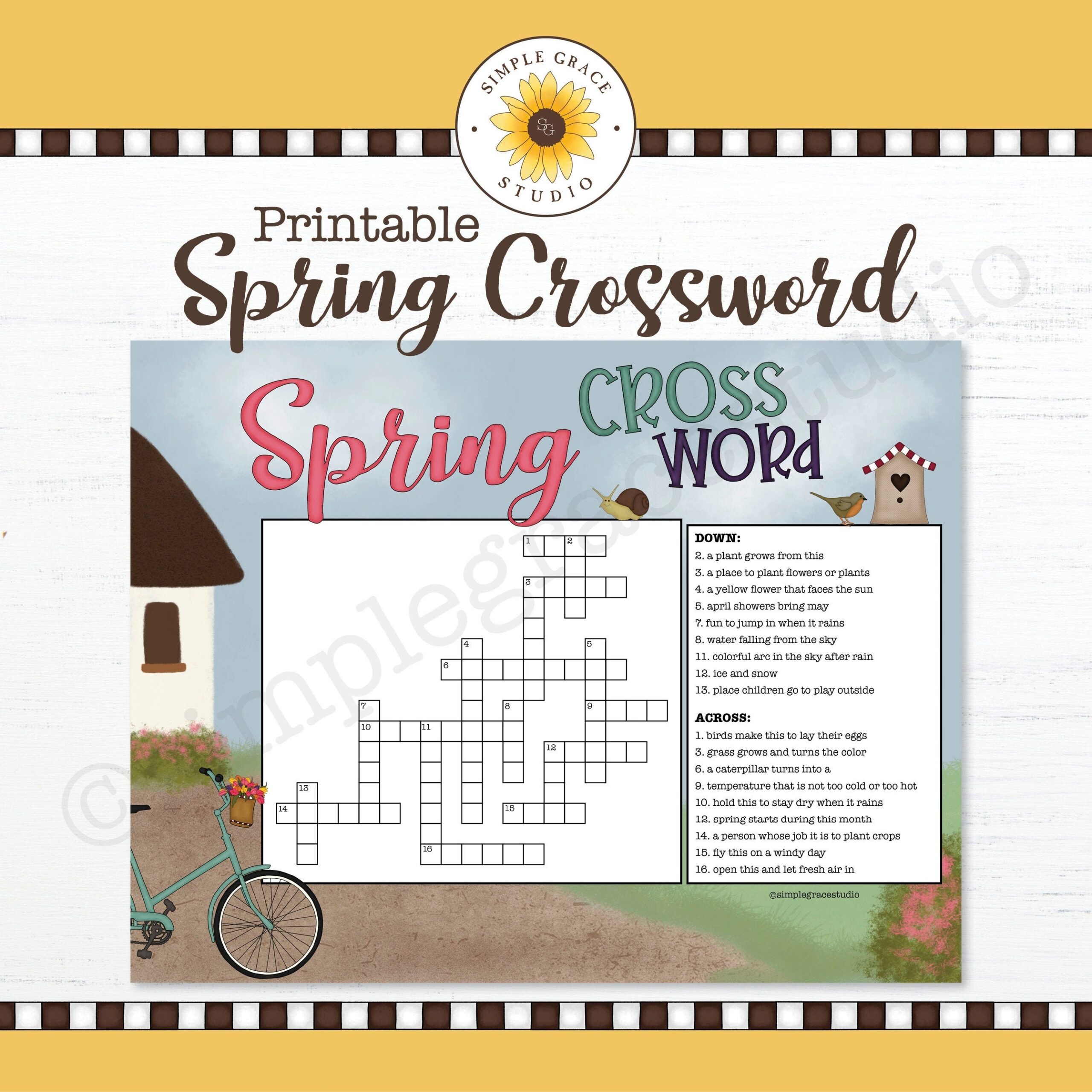 Spring Crossword Puzzle Crossword Spring Puzzle Printable Simple Grace Studio Etsy