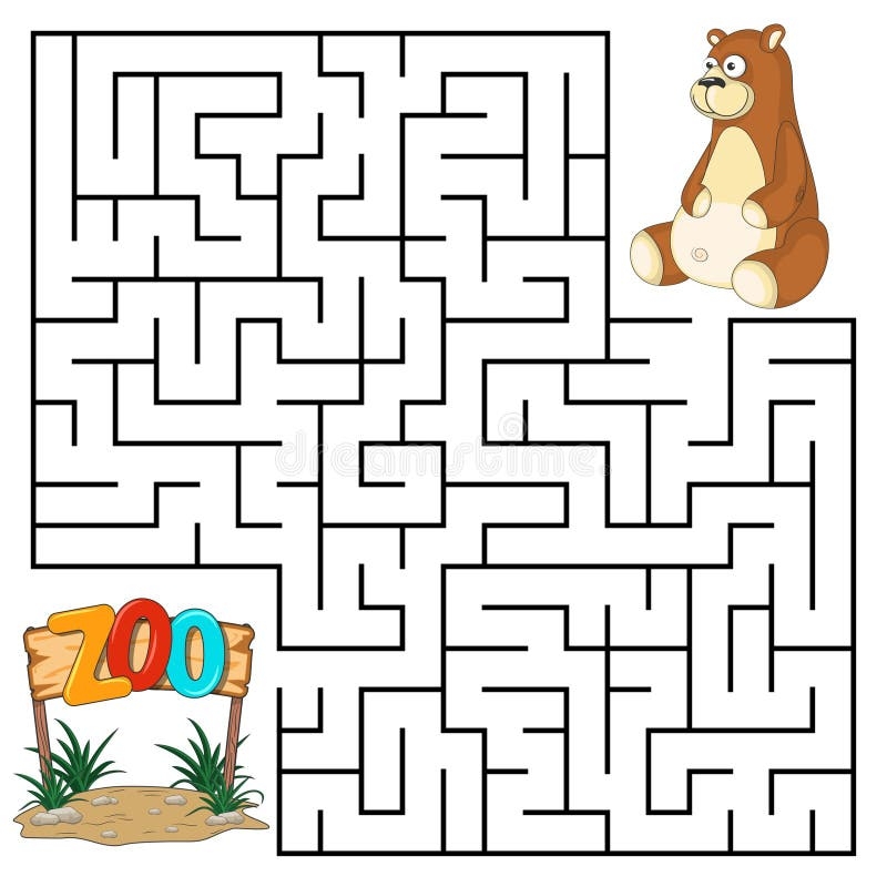 Square Maze For Kids With Cartoon Bear Find Right Way To The Zoo Entry And Exit Puzzle Game With Answer Stock Vector Illustration Of Exercise Children 239519720
