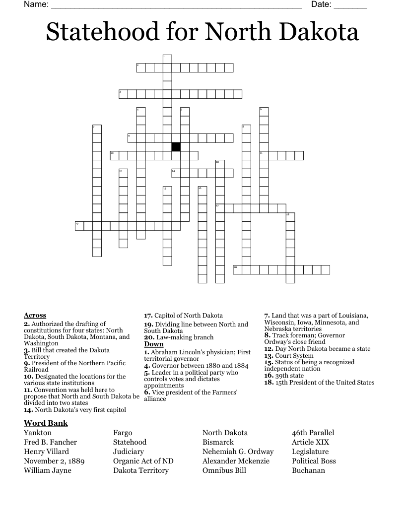 Statehood For North Dakota Crossword WordMint Statehood For North Dakota Crossword WordMint