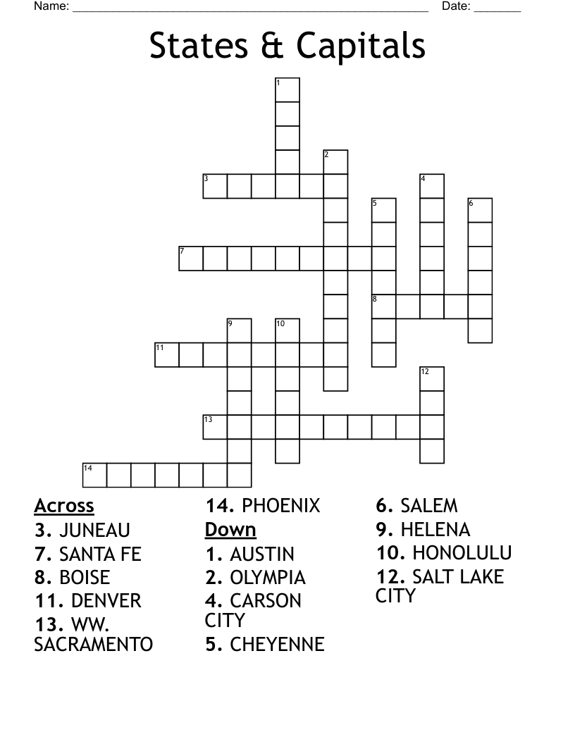 States U0026 Capitals Crossword WordMint