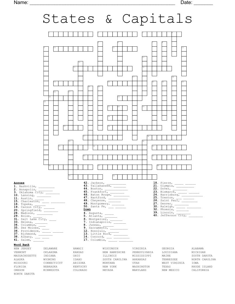 States U0026 Capitals Crossword WordMint