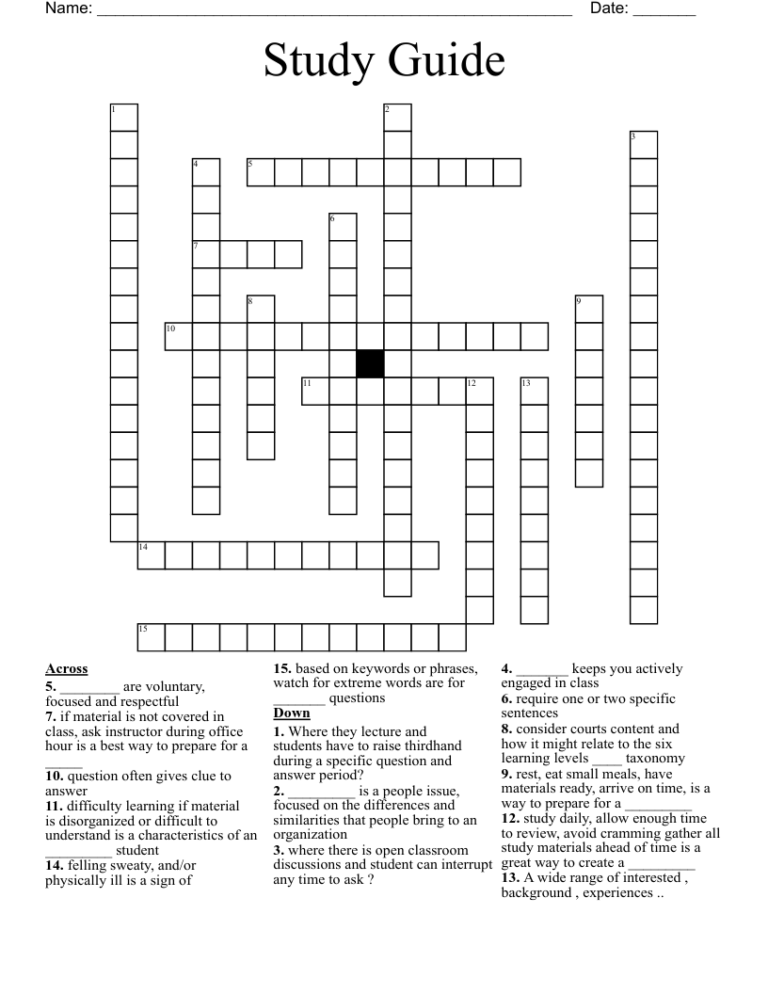 Study Guide Crossword WordMint
