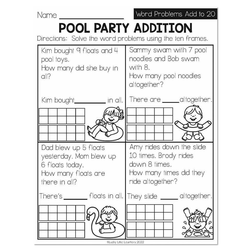 Summer Early Finishers 1st Grade Math Word Problems Add To 20 Pool Party Addition Lucky Little Learners Summer Early Finishers 1st Grade Math Word Problems Add To 20 Pool Party Addition Lucky Little Learners