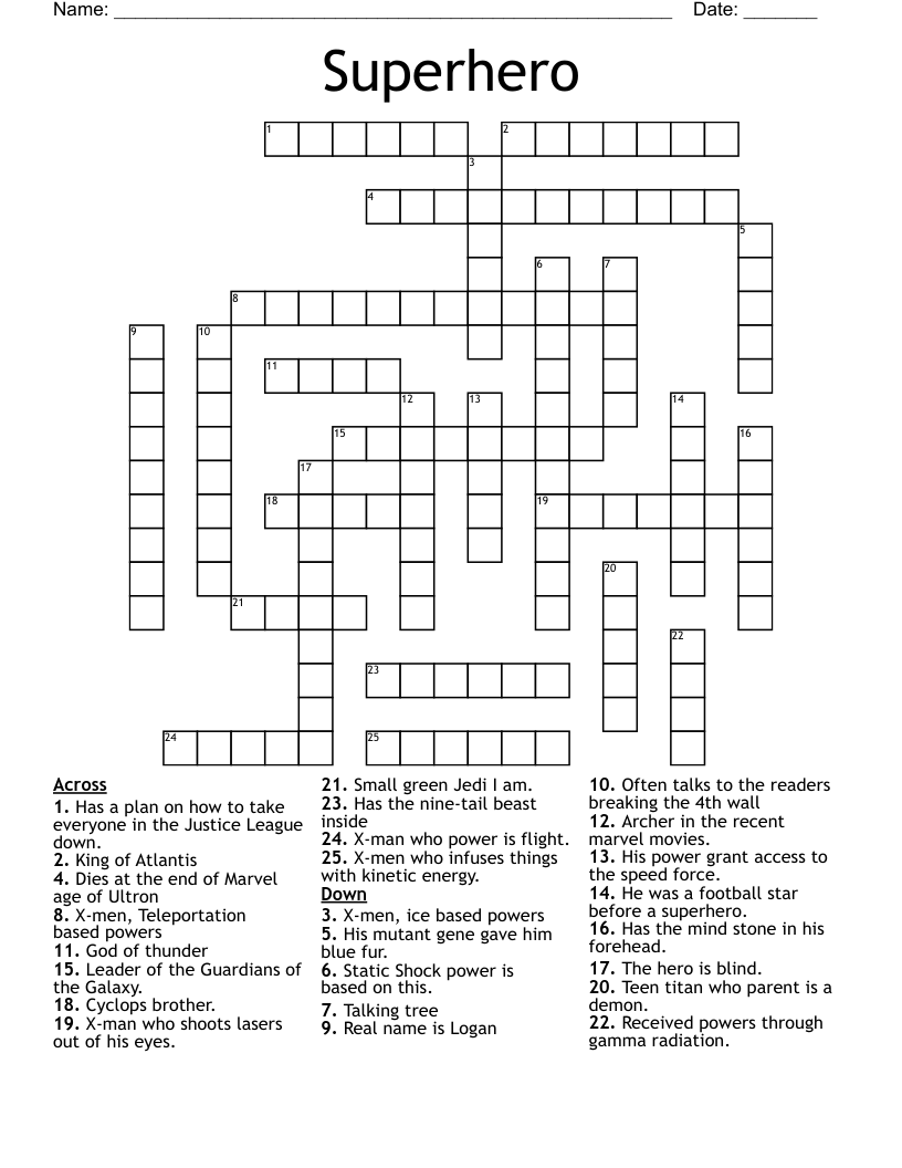Superhero Crossword WordMint