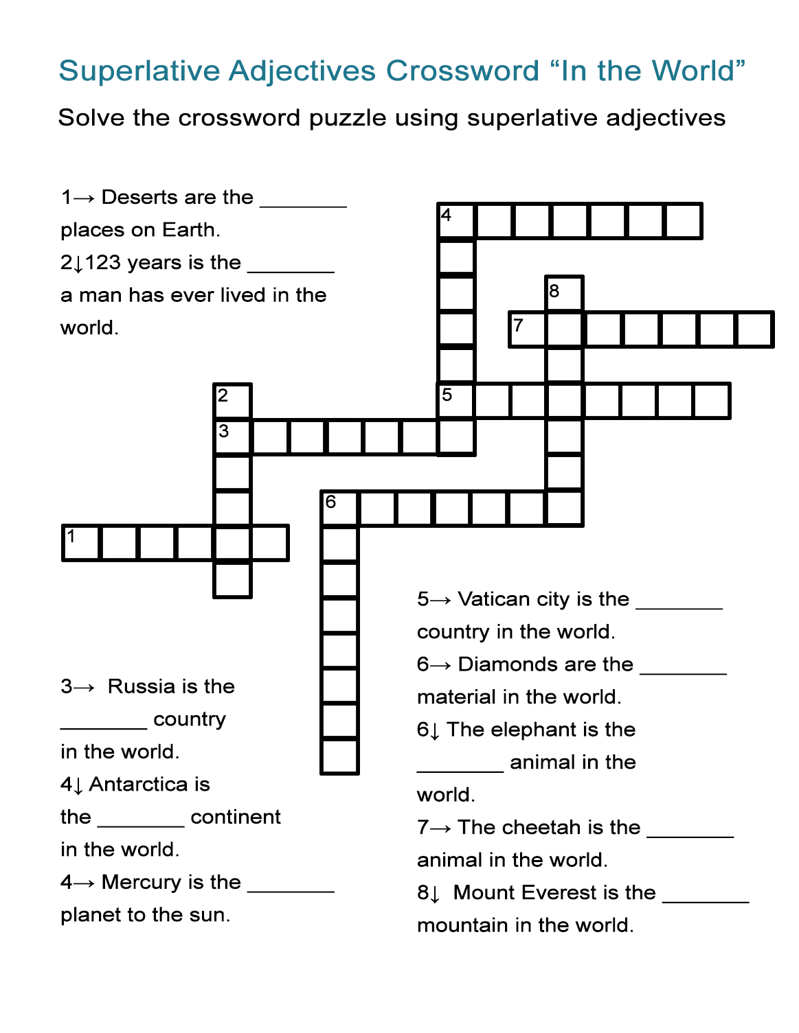 Superlative Adjectives Crossword Puzzle ALL ESL Superlative Adjectives Crossword Puzzle ALL ESL