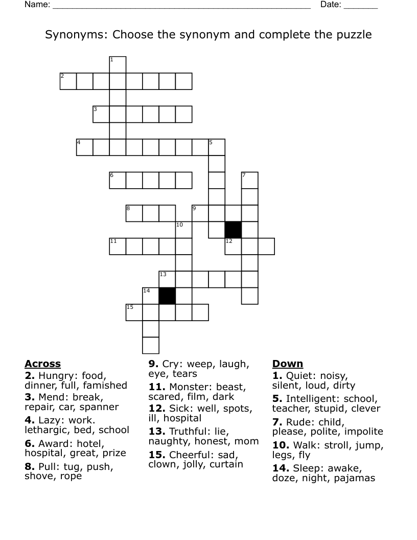 Synonyms Choose The Synonym And Complete The Puzzle Crossword 