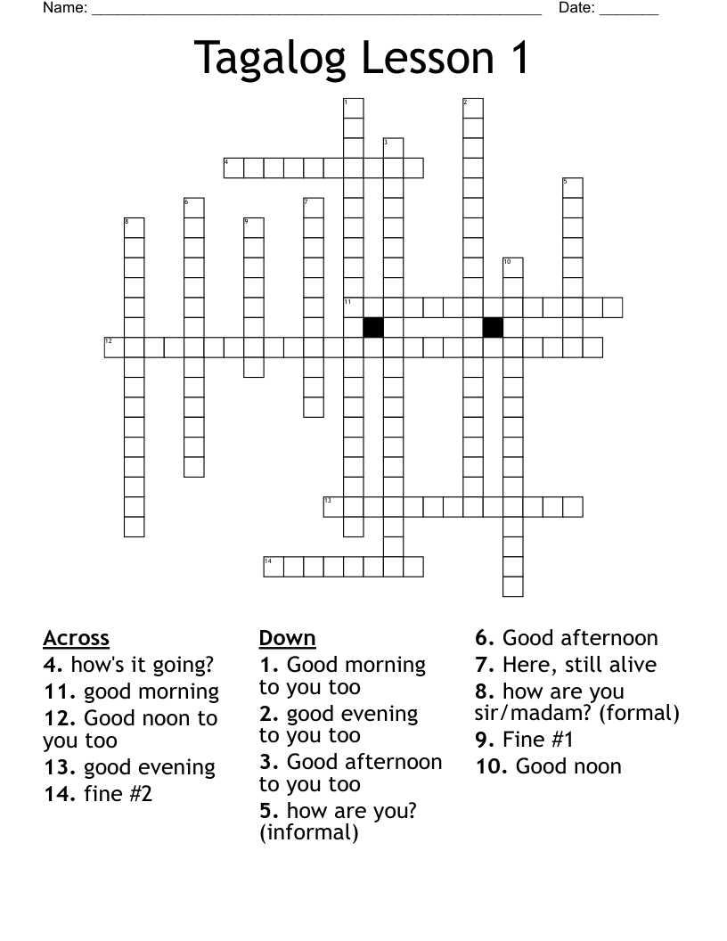 Tagalog Lesson 1 Crossword WordMint