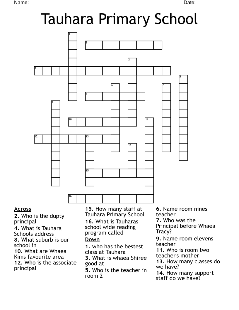 Tauhara Primary School Crossword WordMint