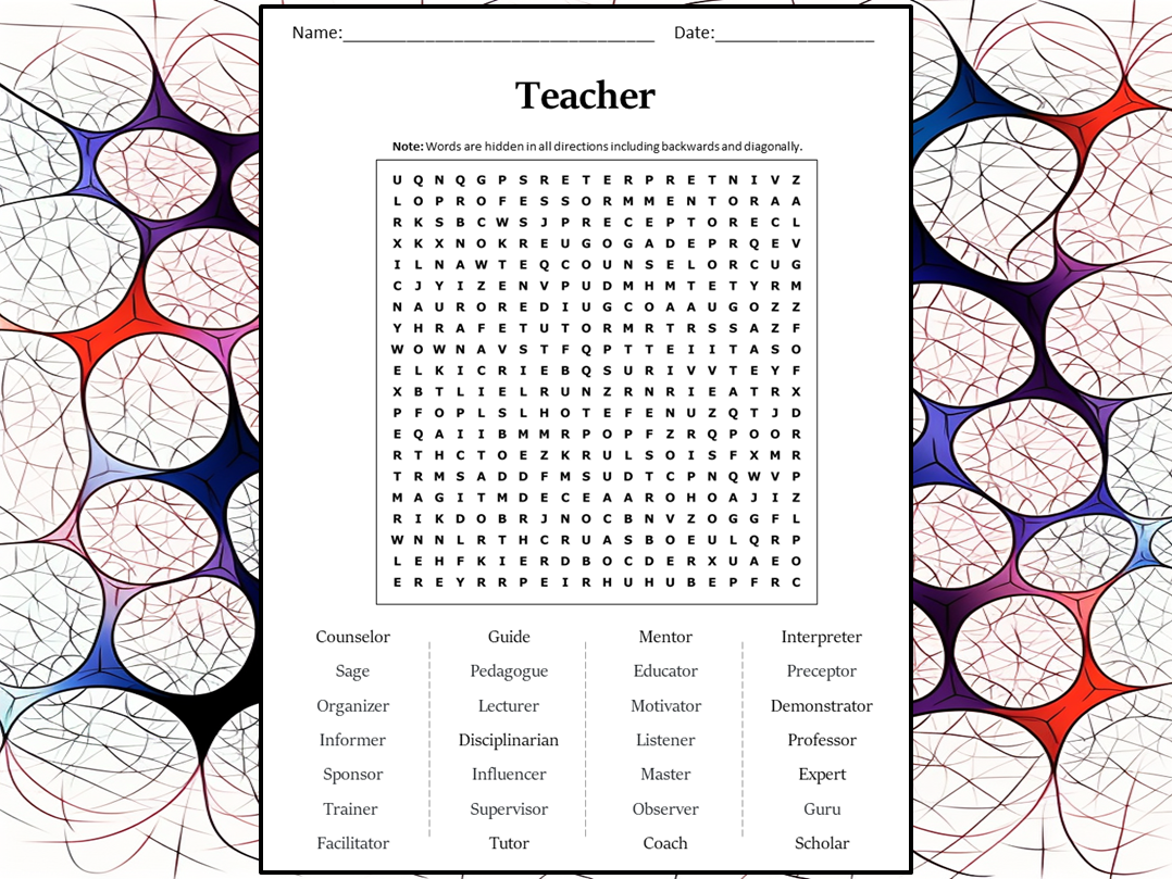 Teacher Word Search Puzzle Worksheet Activity Teaching Resources