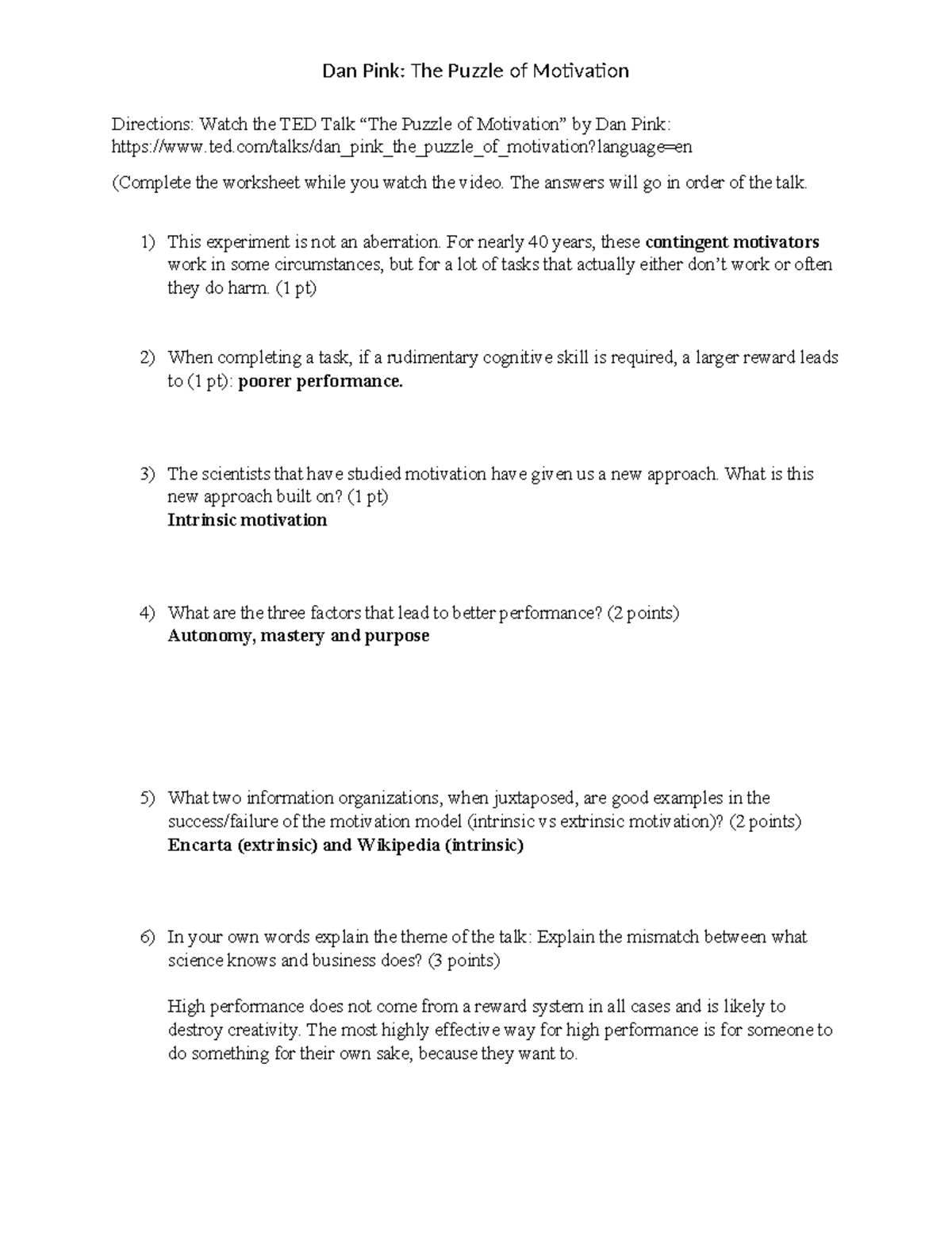 TED Talk Dan Pink Worksheet Dan Pink The Puzzle Of Motivation TED Talk Dan Pink Worksheet Dan Pink The Puzzle Of Motivation