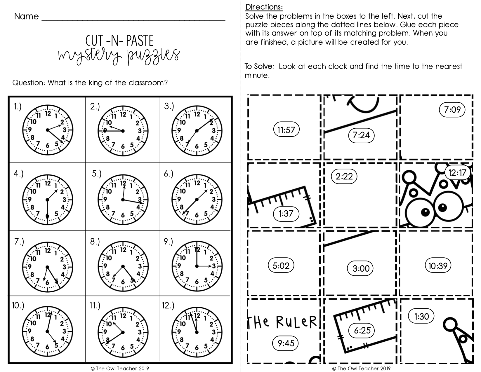 Telling Time To The Nearest Minute Mixed Up Mystery Math Puzzles The Owl Teacher