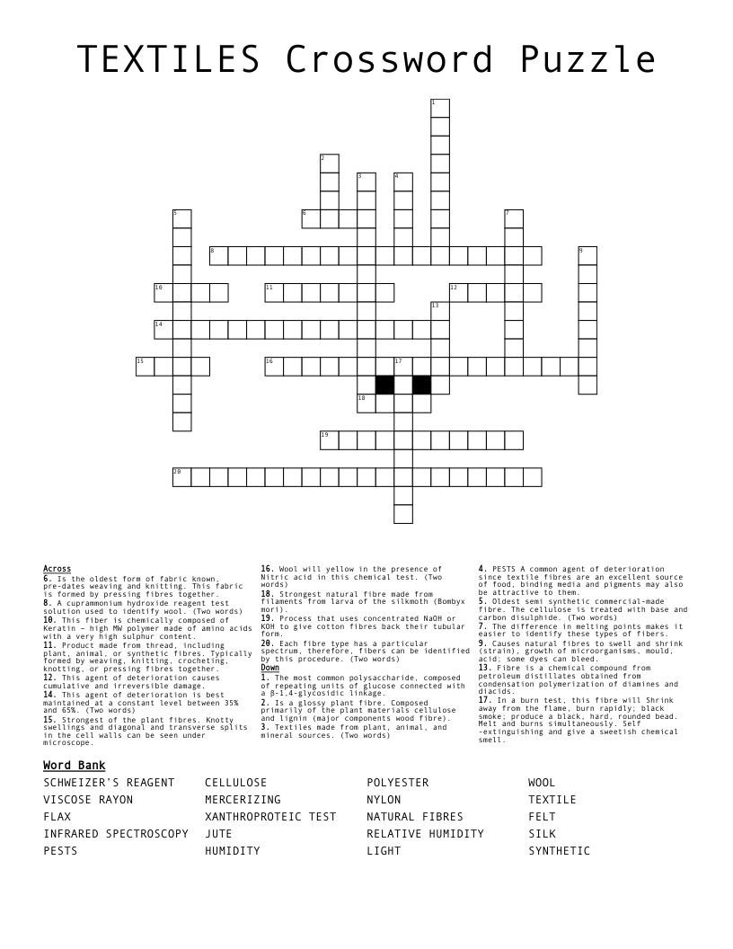 TEXTILES Crossword Puzzle WordMint