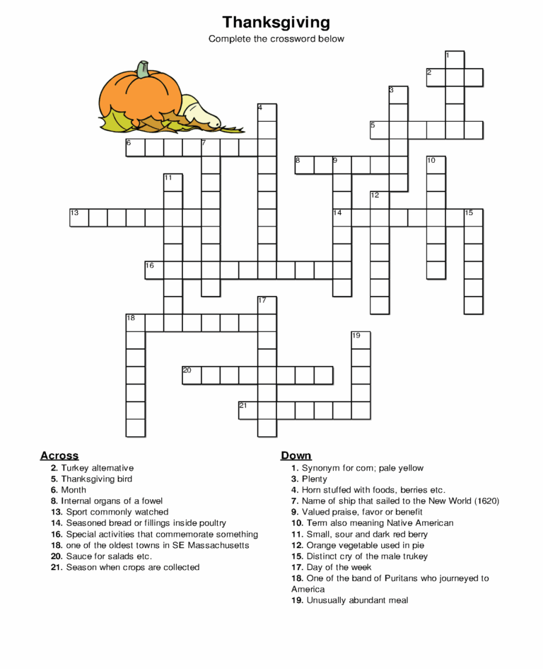 Thanksgiving Crossword Puzzle Best Coloring Pages For Kids