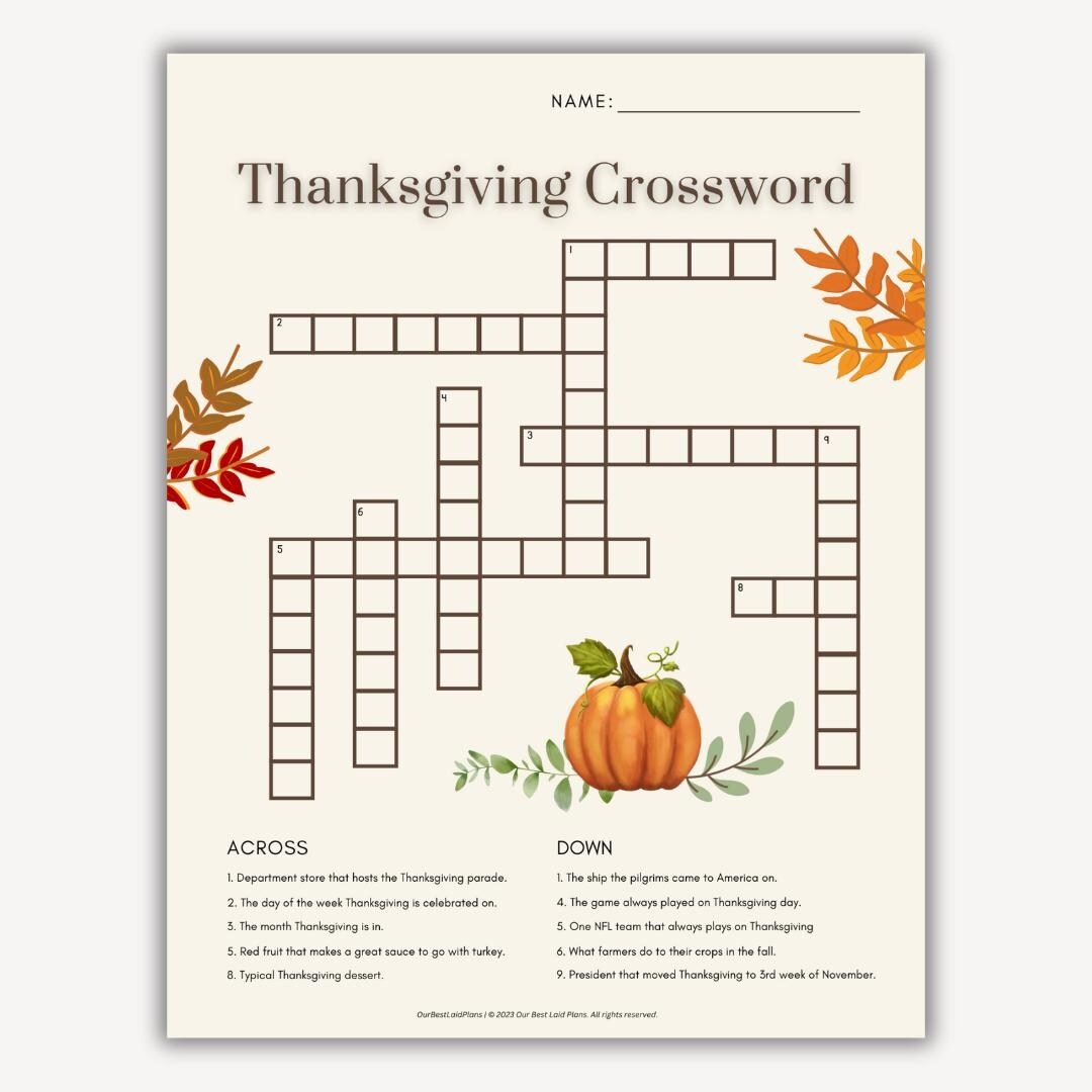 Thanksgiving Crossword Puzzle Thanksgiving Crossword Printable 