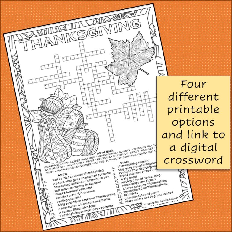 Thanksgiving Crossword Puzzle U0026 Coloring Page With Word Bank