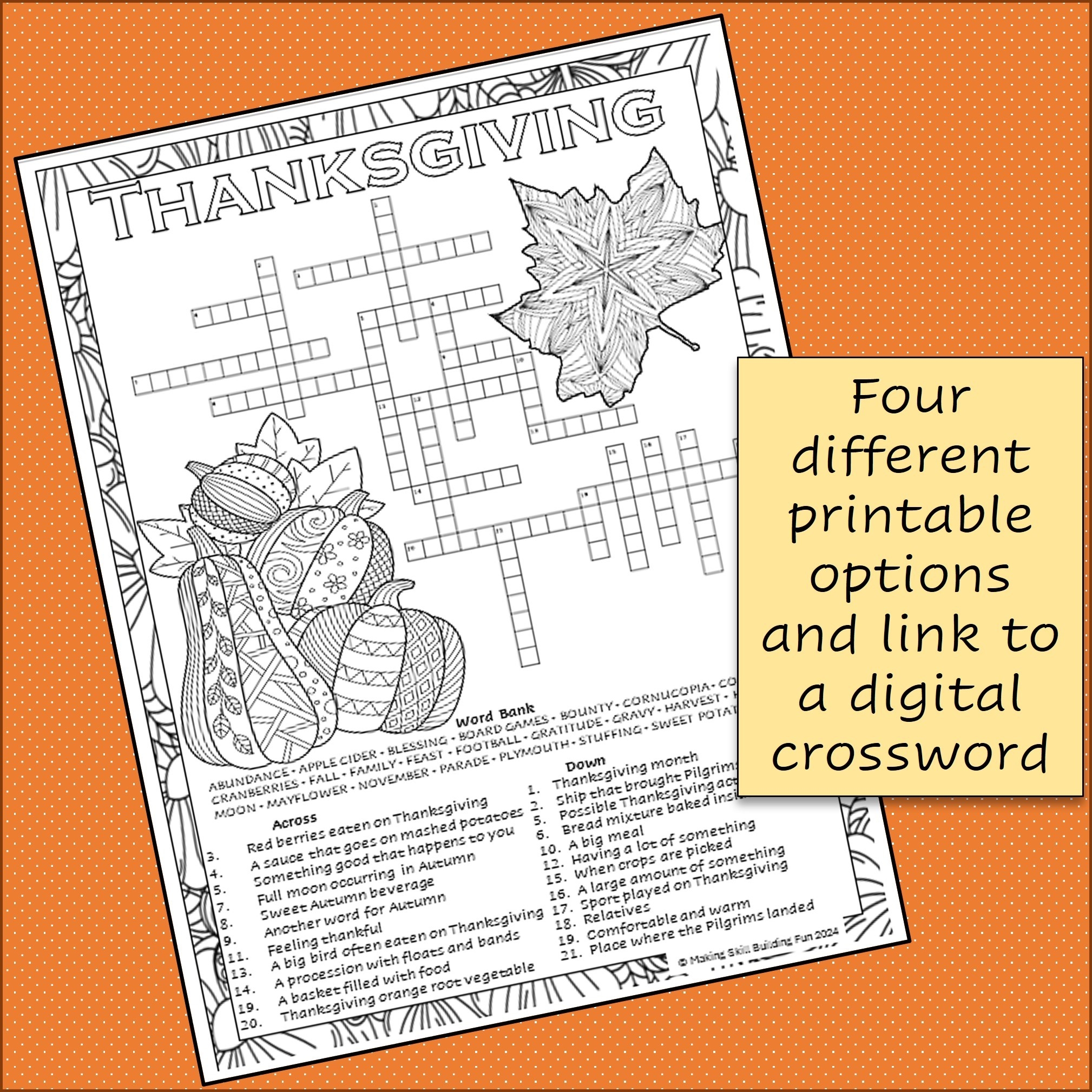 Thanksgiving Crossword Puzzle U0026 Coloring Page With Word Bank Thanksgiving Crossword Puzzle U0026 Coloring Page With Word Bank