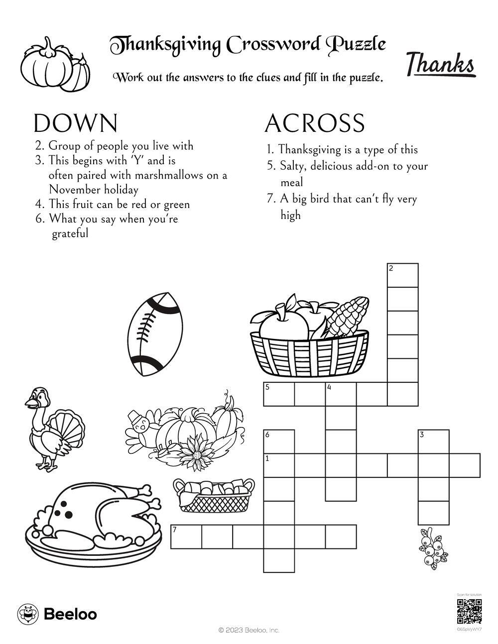 Thanksgiving themed Crossword Puzzles Beeloo Printable Crafts 