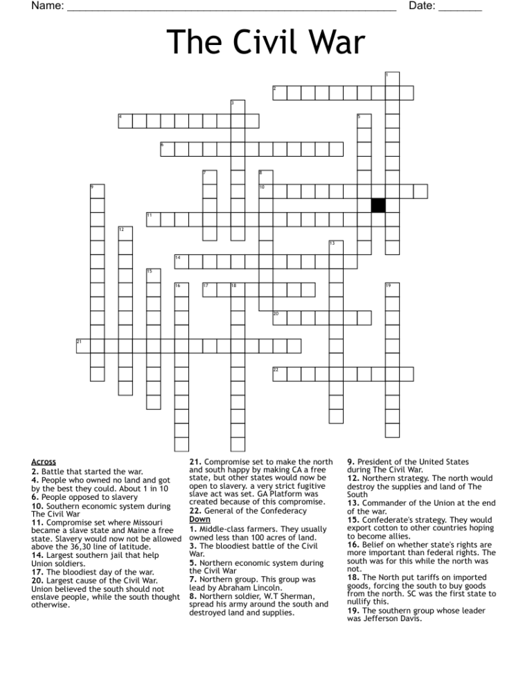 The Civil War Crossword WordMint