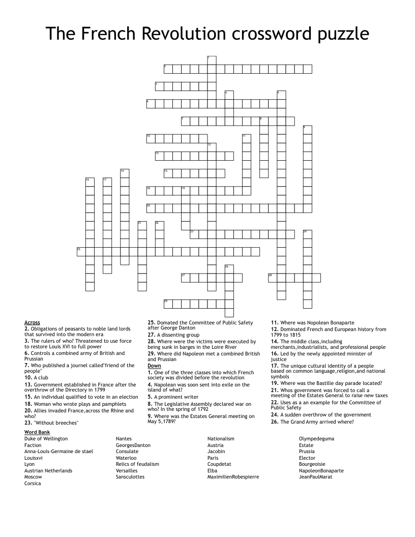 The French Revolution Crossword Puzzle WordMint