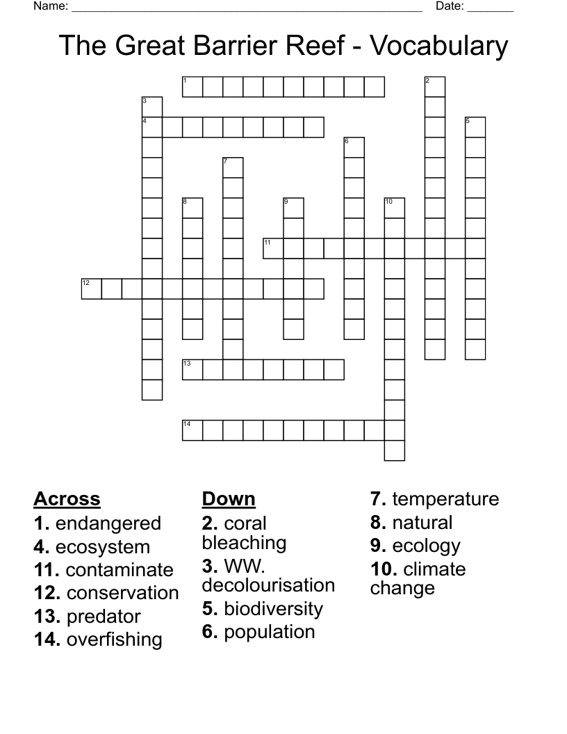 The Great Barrier Reef Vocabulary Crossword WordMint The Great Barrier Reef Vocabulary Crossword WordMint