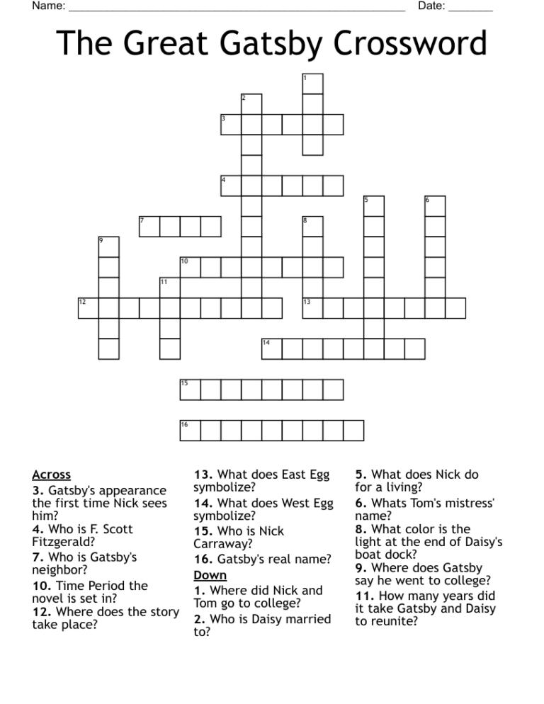 The Great Gatsby Crossword WordMint