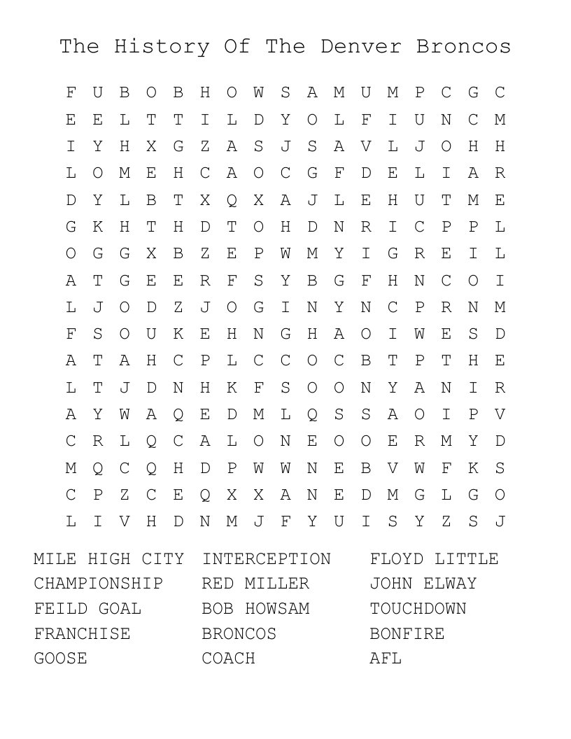 The History Of The Denver Broncos Word Search WordMint