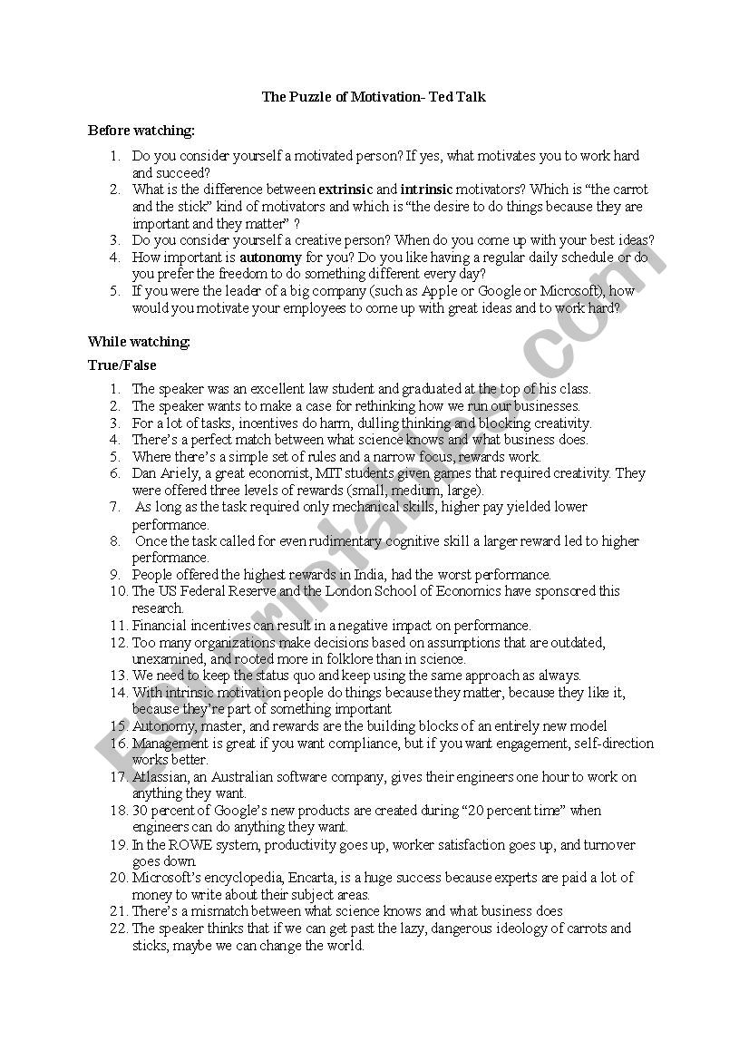 The Puzzle Of Motivation Ted Talk ESL Worksheet By Duchessrachel The Puzzle Of Motivation Ted Talk ESL Worksheet By Duchessrachel