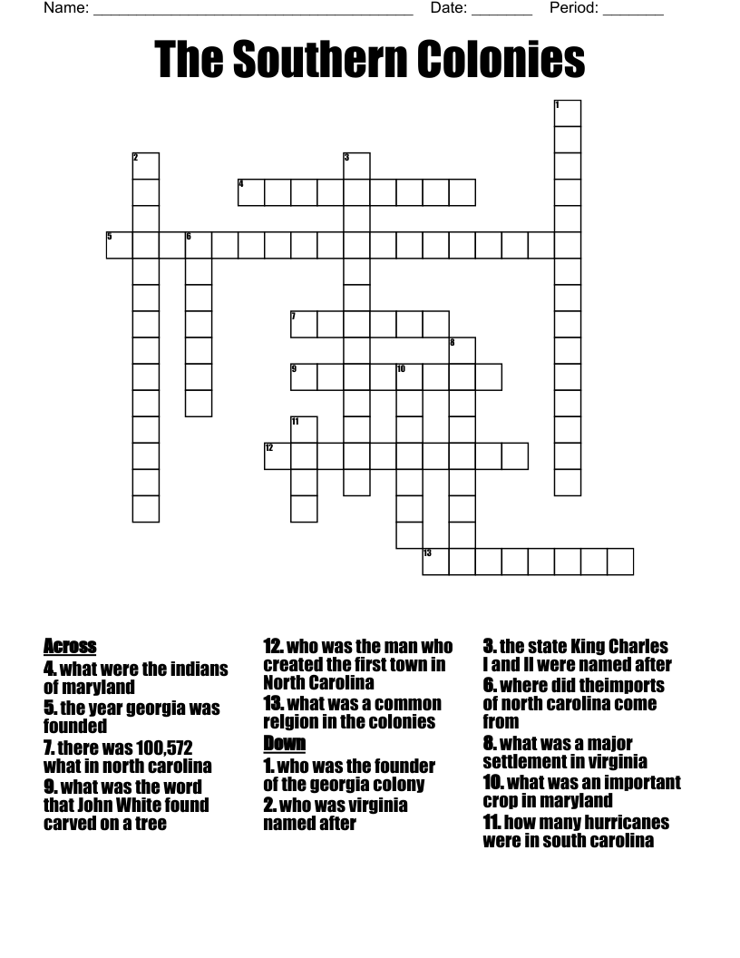 The Southern Colonies Crossword WordMint