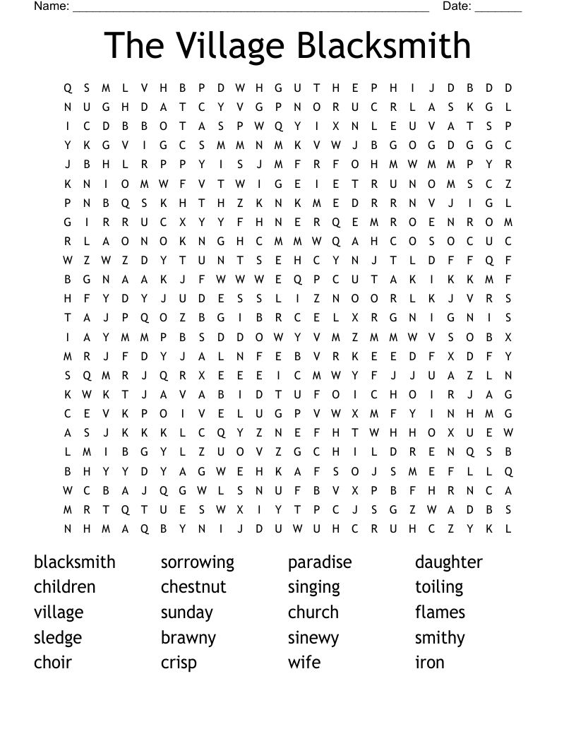 The Village Blacksmith Word Search WordMint The Village Blacksmith Word Search WordMint
