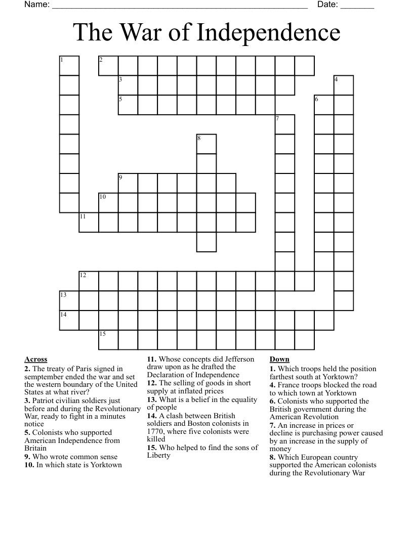 The War Of Independence Crossword WordMint The War Of Independence Crossword WordMint